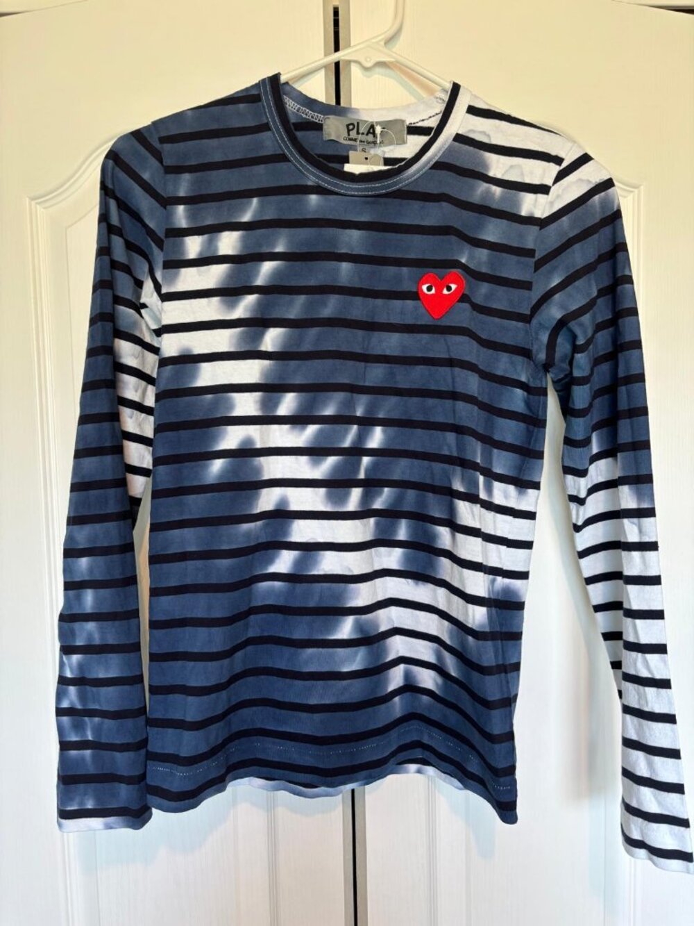 Comme des Garçons PLAY Tie-Dye Striped Long Sleeve Navy Shirt, NWT, S